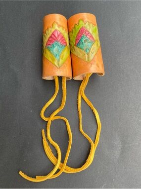 Pair of 2 Genuine Leather Hair Wraps Ponytail Braids Embossed Painted Biker